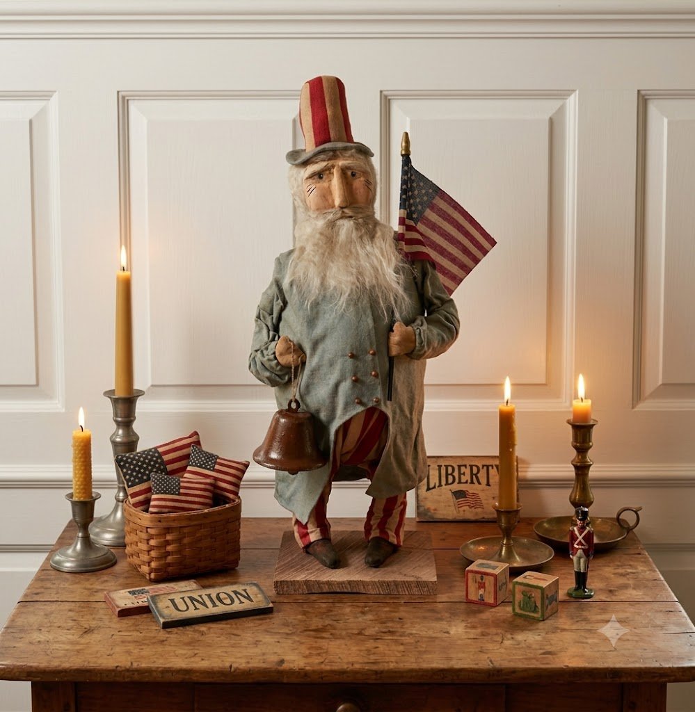 Handcrafted by Michelle Early American Hand Sculpted Clay Face Chubby Uncle Sam Santa 21" - The Primitive Pineapple Collection