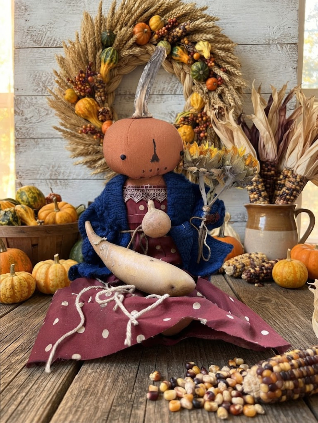 Primitive Handcrafted USA Pumpkin Doll Emma w/ Gourd 12"