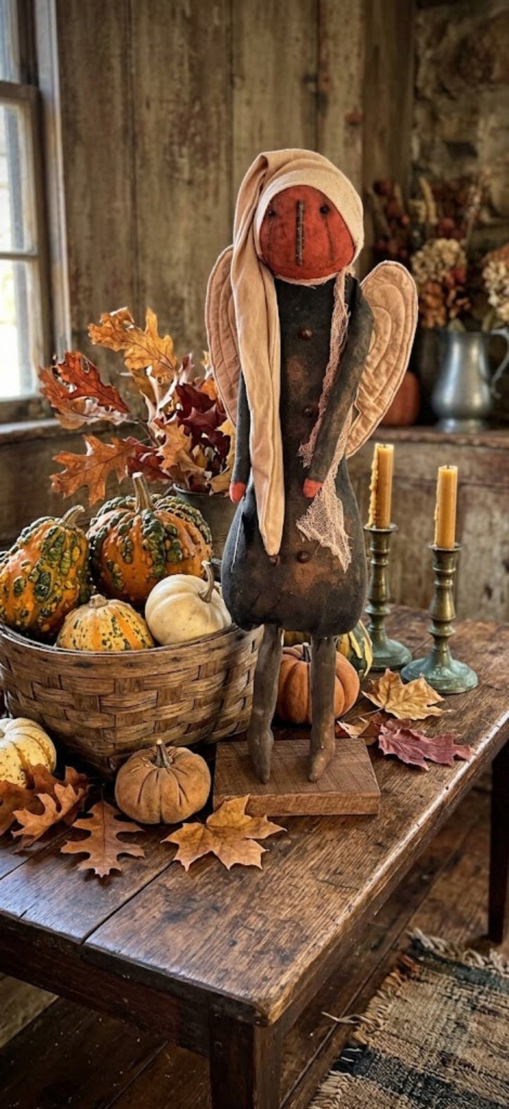 Handcrafted by Michelle Fall Halloween 20" Pumpkin Angel w/ Wings on Stand - The Primitive Pineapple Collection