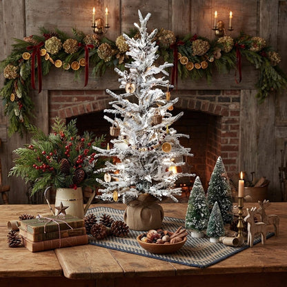 36" Pre-Lit Snowy Pine Christmas Tree with Burlap Base - The Primitive Pineapple Collection