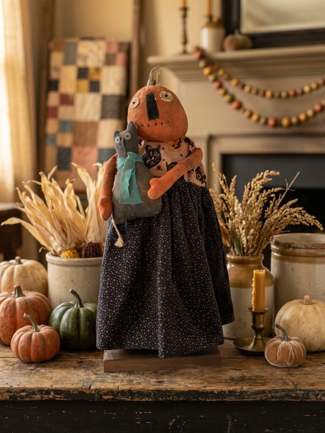 Handcrafted by Michelle Halloween Mrs Pumpkin Woman Doll w/ Cat - The Primitive Pineapple Collection