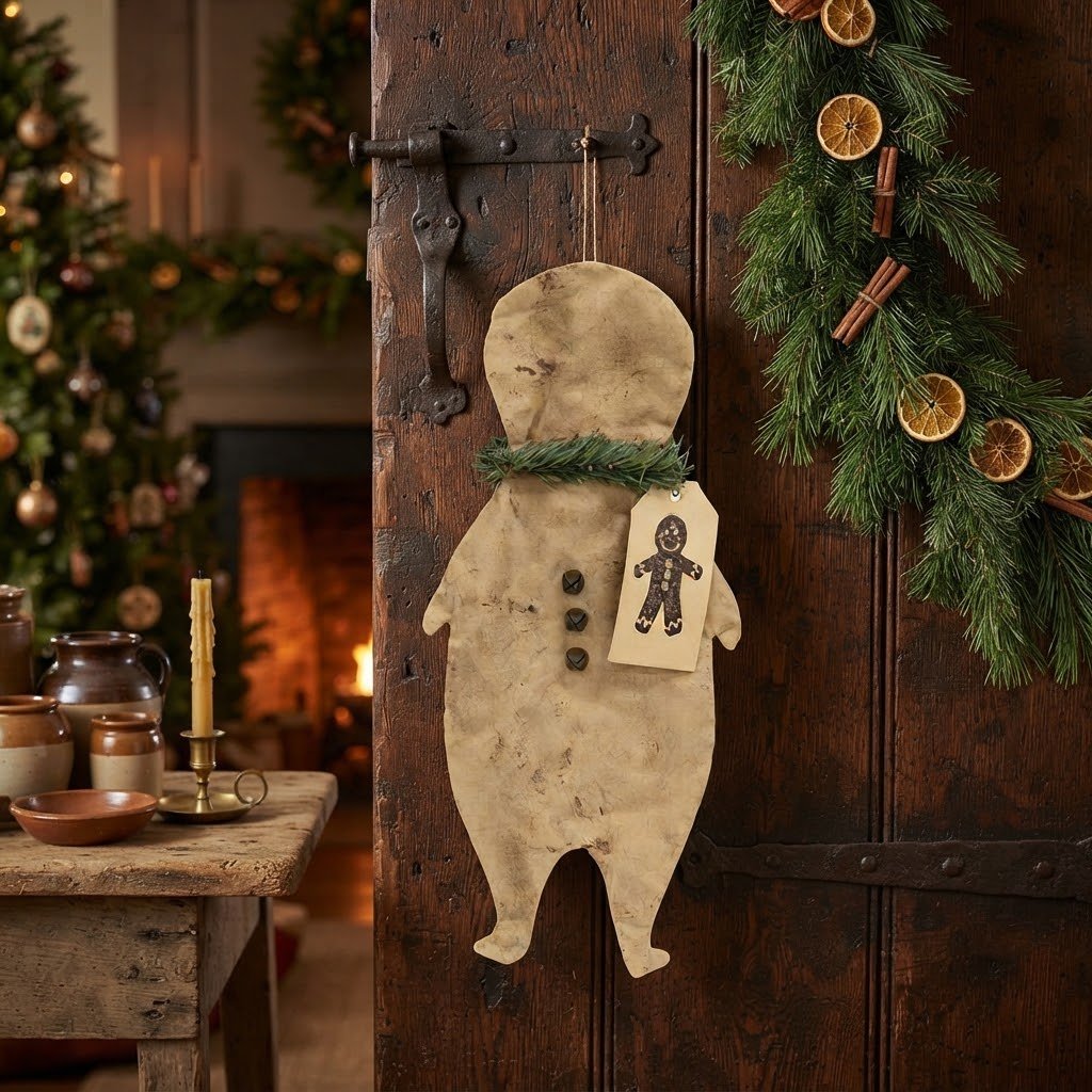 Primitive Fabric Gingerbread Man Hanging Ornament with Tag, 15.5" - The Primitive Pineapple Collection