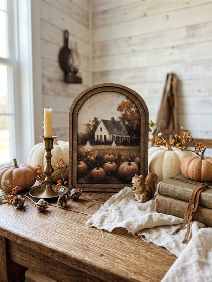 Handcrafted Retro 8" Canvas on Wood Arch Top Halloween Pumpkin Ghost Farmhouse Framed Art