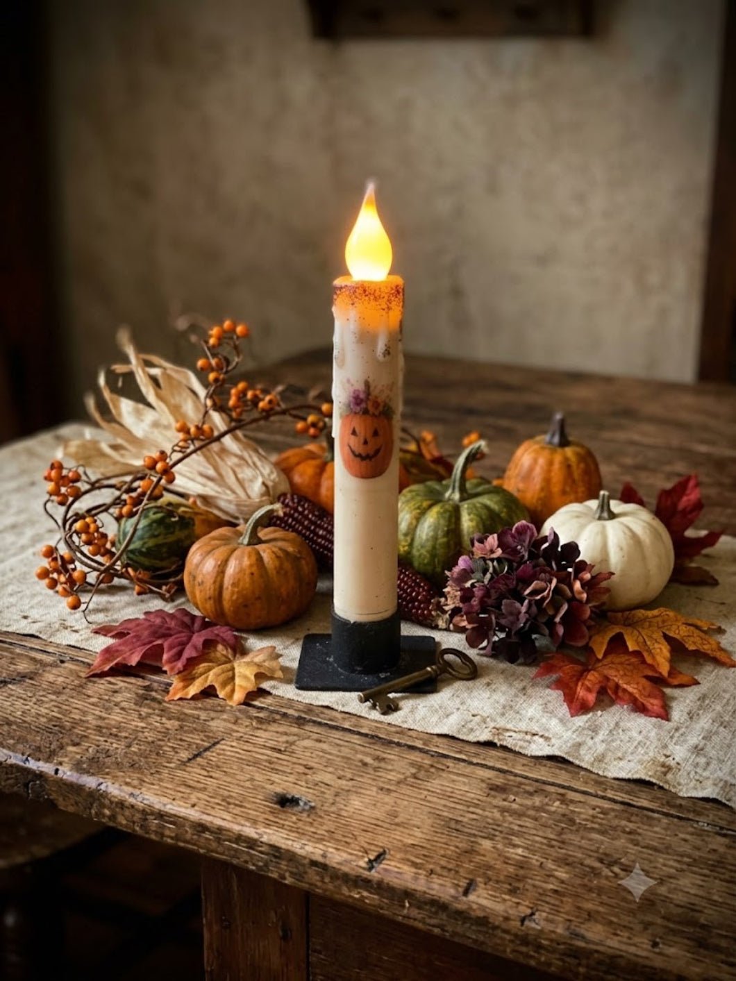 Primitive Handcrafted 7" Flower Top Pumpkin Flicker LED Timer Taper Candle - The Primitive Pineapple Collection