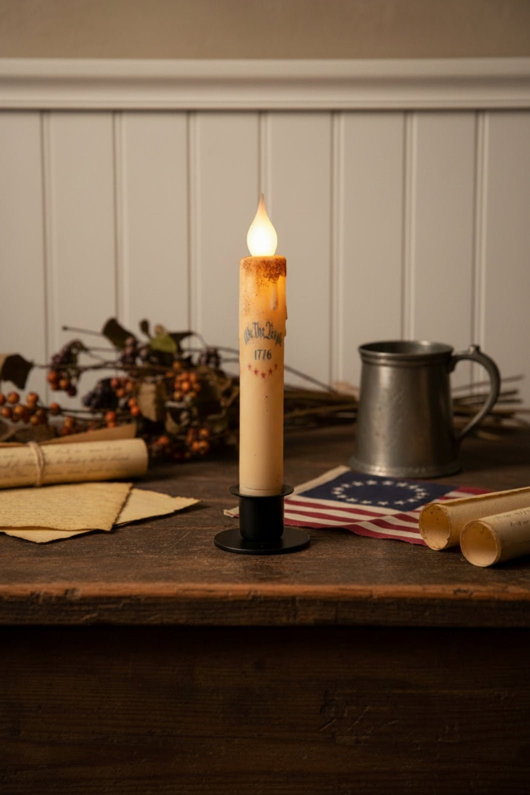 7" Flameless Americana "We The People" LED Timer Taper Candle - The Primitive Pineapple Collection