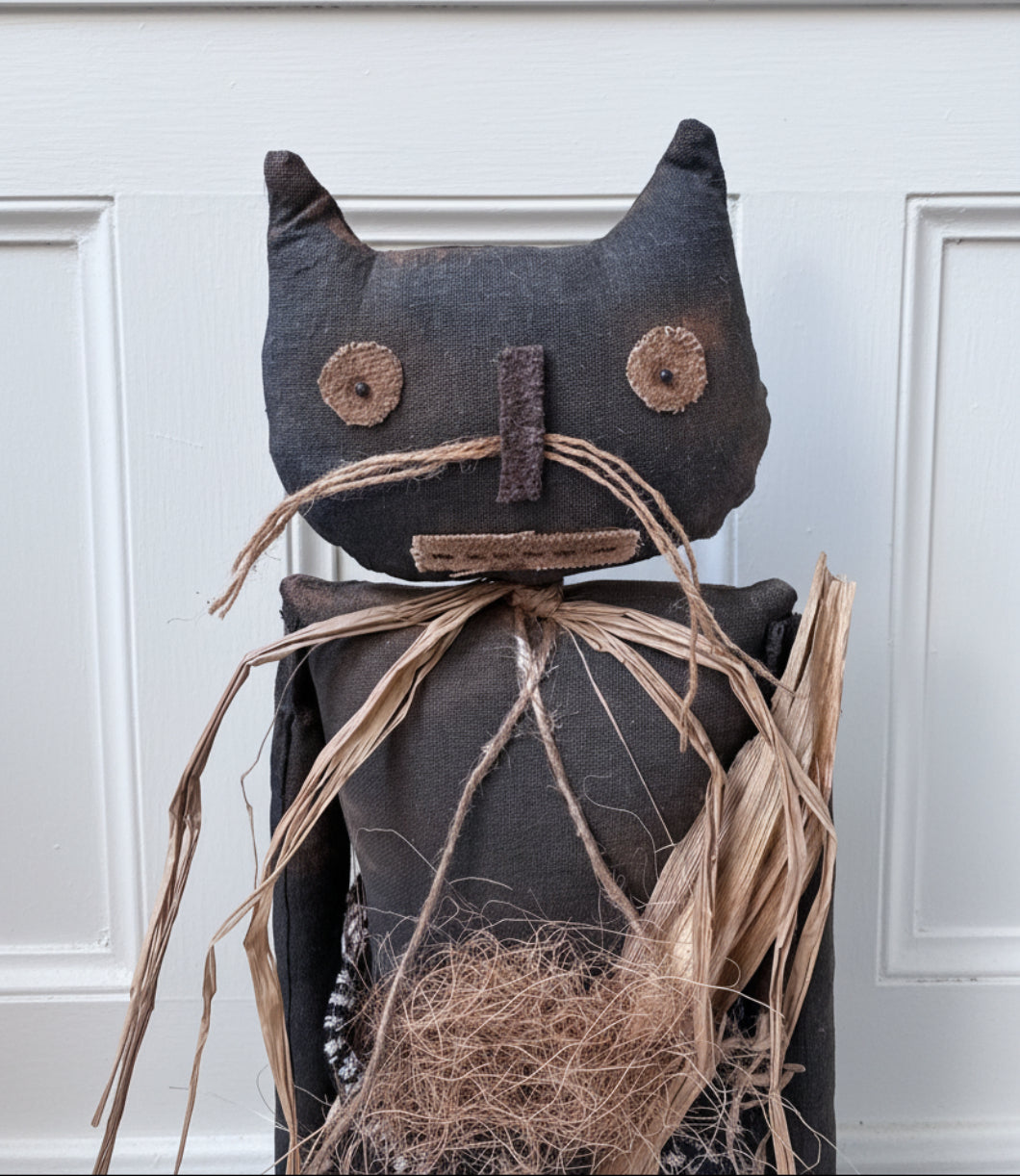 Primitive Handcrafted Halloween 21" Whiskers Cat Doll on Stand