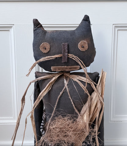 Primitive Handcrafted Halloween 21" Whiskers Cat Doll on Stand