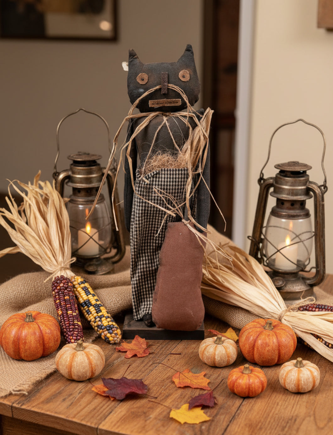 Primitive Handcrafted Halloween 21" Whiskers Cat Doll on Stand