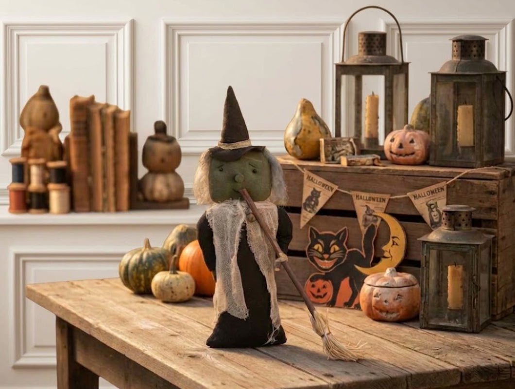 Primitive Country Halloween Sarah Witch Stump Doll w/ Broom 18" - The Primitive Pineapple Collection