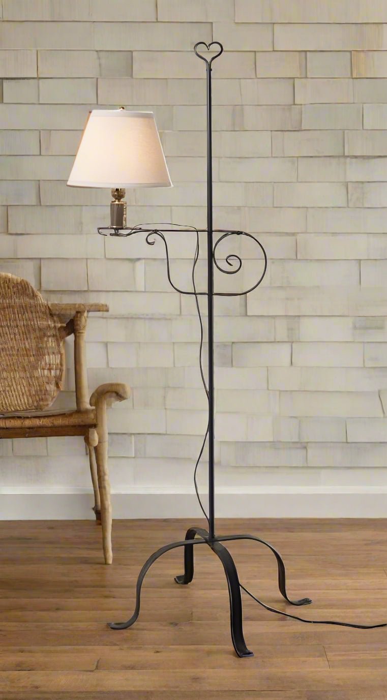 Primitive Wrought Iron Heart Top Adjustable Floor Lamp with Shade USA - The Primitive Pineapple Collection