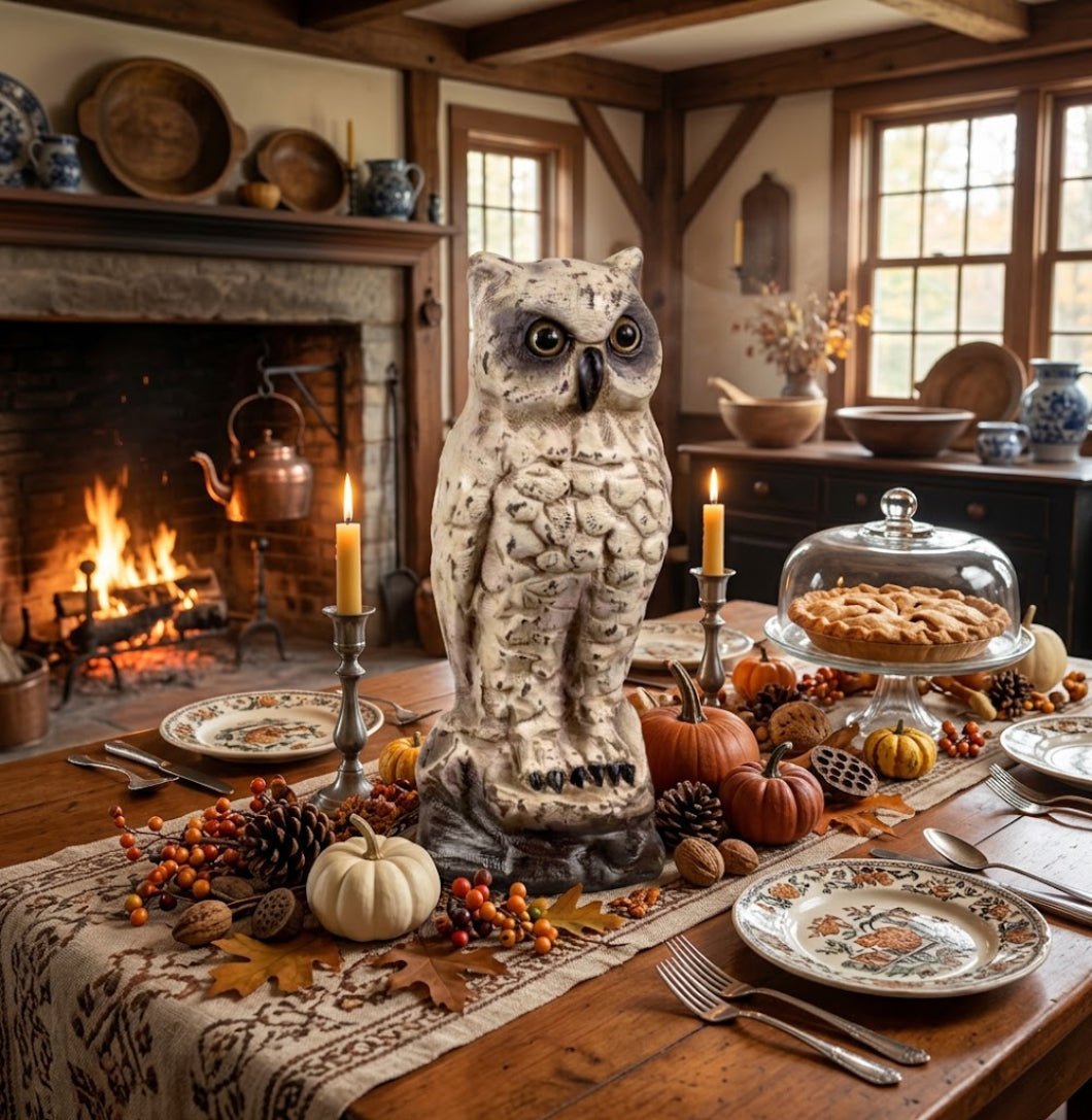 Ragon House White Owl Figurine 10" – Vintage Fall Centerpiece, Primitive Autumn Decor - The Primitive Pineapple Collection