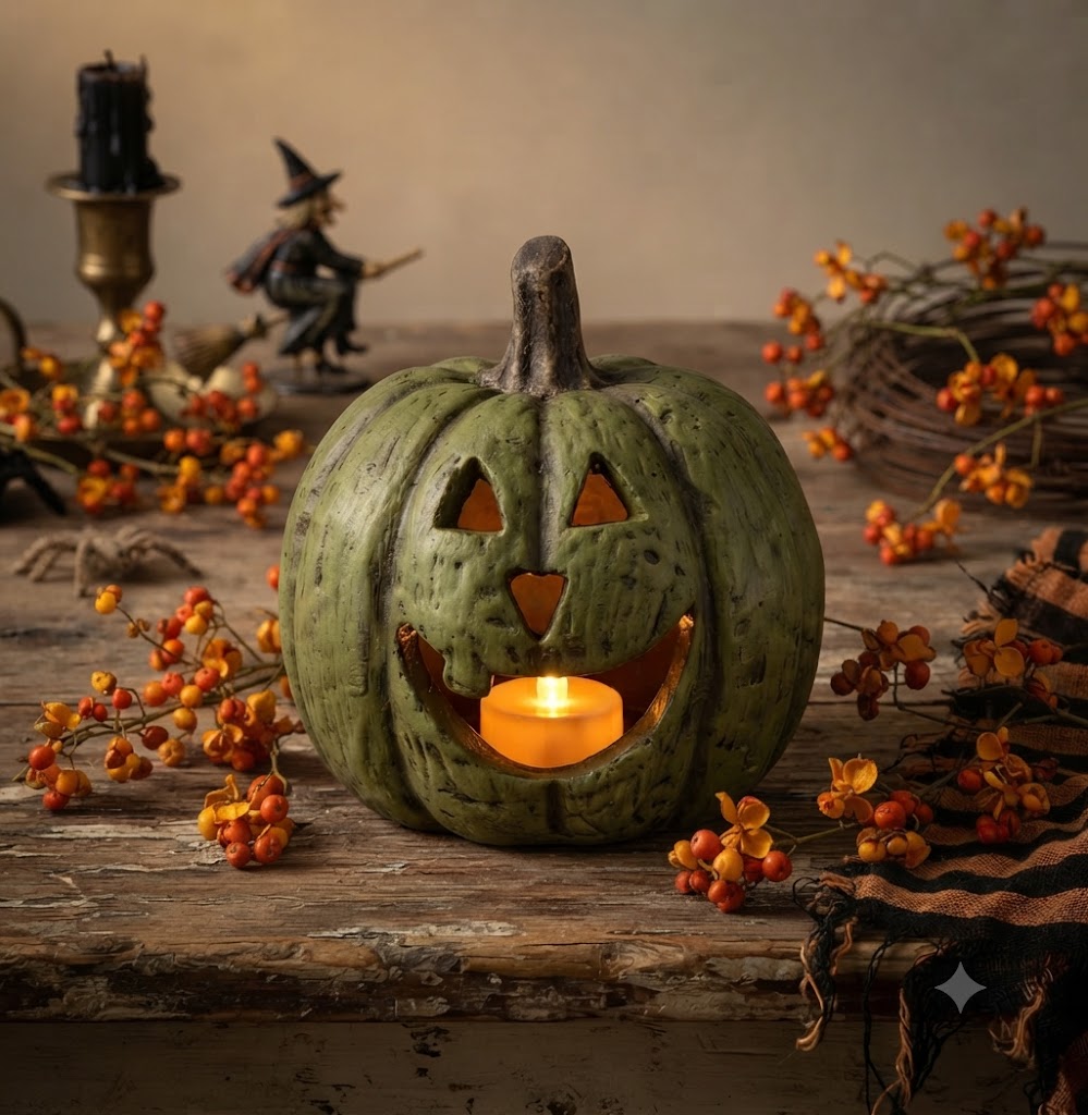 Ragon House Mache 5.5" Olive Green Big Mouth Pumpkin Jack O Lantern Halloween