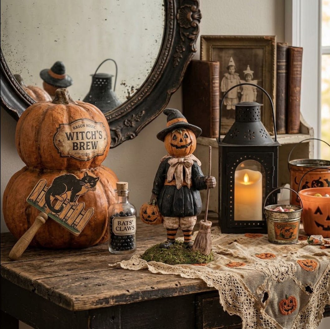 Ragon House Halloween Vintage Look 8.5" Pumpkin Girl w/ JOL - The Primitive Pineapple Collection