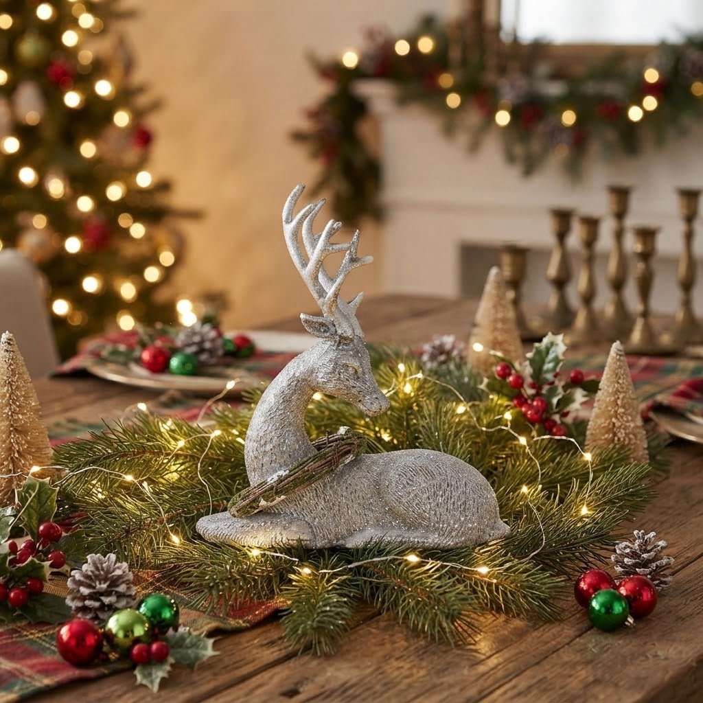 Ragon House 9" Glittered Laying Reindeer with Wreath - The Primitive Pineapple Collection