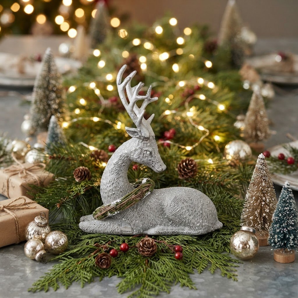 Ragon House 9" Glittered Laying Reindeer with Wreath - The Primitive Pineapple Collection