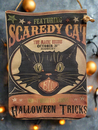 Handcrafted Halloween Primitive Retro look Hanging Scaredy Cat Fabric pouch/Bag - The Primitive Pineapple Collection