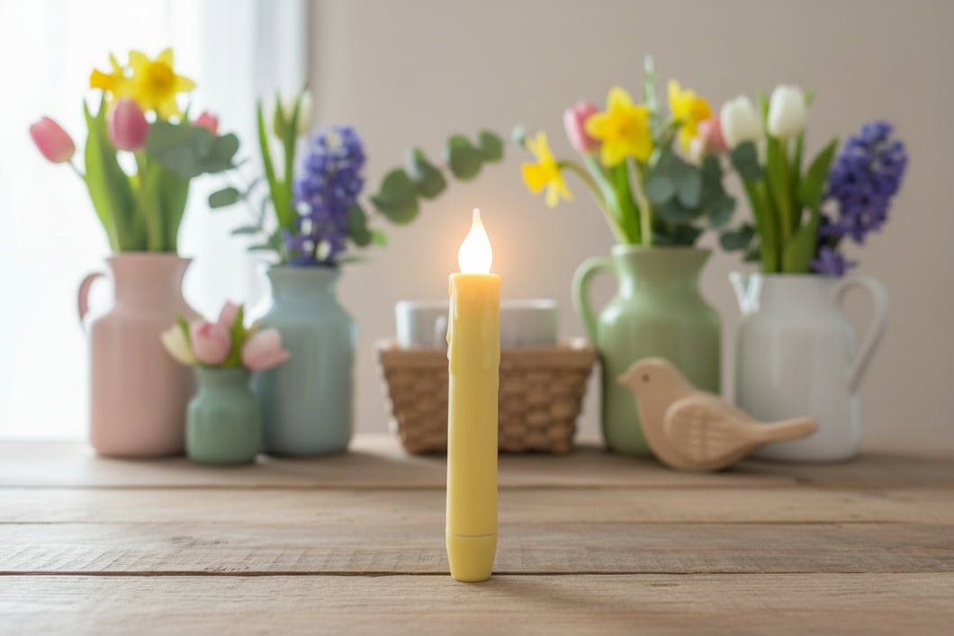 Spring Easter Handcrafted 7” Pastel Yellow Led Timer Taper Candle - The Primitive Pineapple Collection