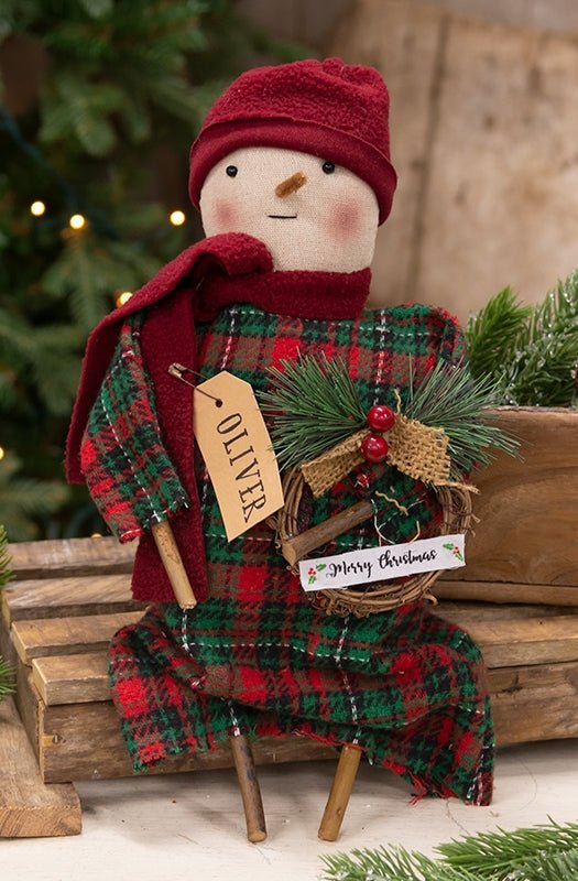 Primitive Country Christmas Plaid Oliver Snowman Doll w/ Grapevine Wreath - The Primitive Pineapple Collection