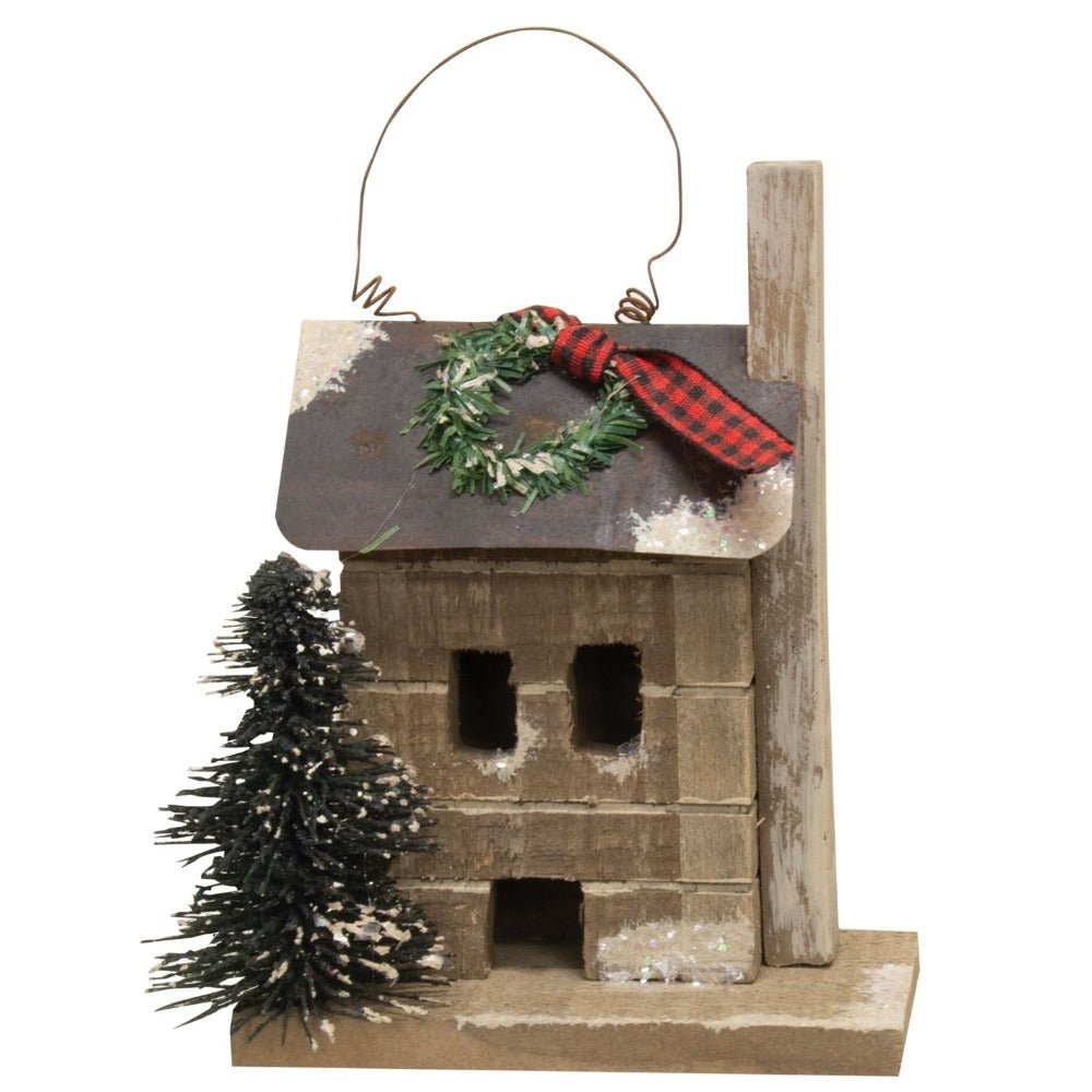 Primitive Christmas Farmhouse Wood Town Snowy Cabin Ornament - The Primitive Pineapple Collection