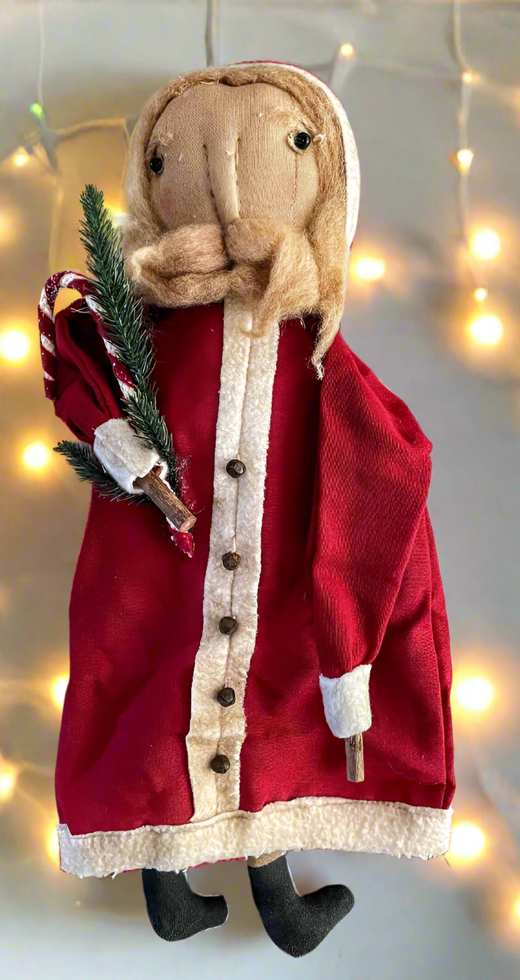 Primitive Christmas Rustic 20&quot; Santa Doll w/ Candy Cane and Greens - The Primitive Pineapple Collection