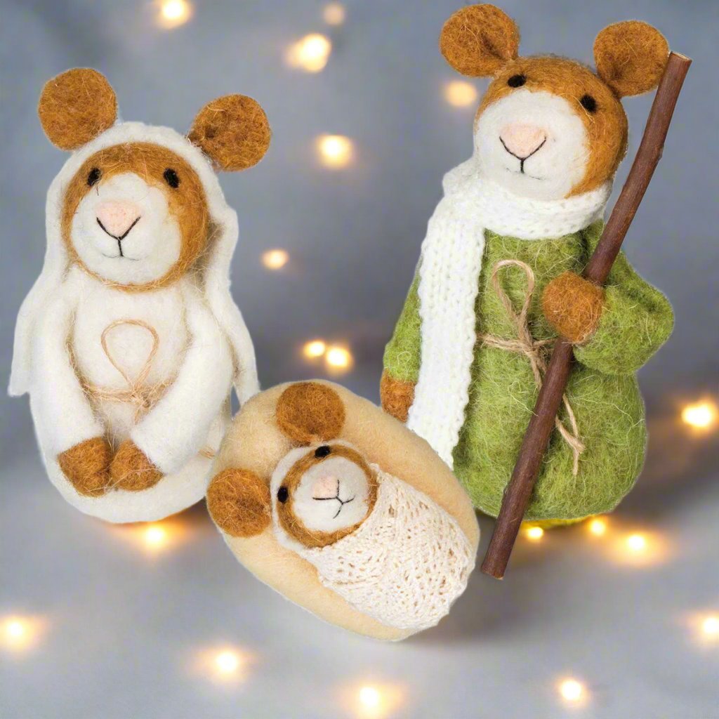 Christmas Primitive Felted Nativity Mice Mouse 3 pc - The Primitive Pineapple Collection