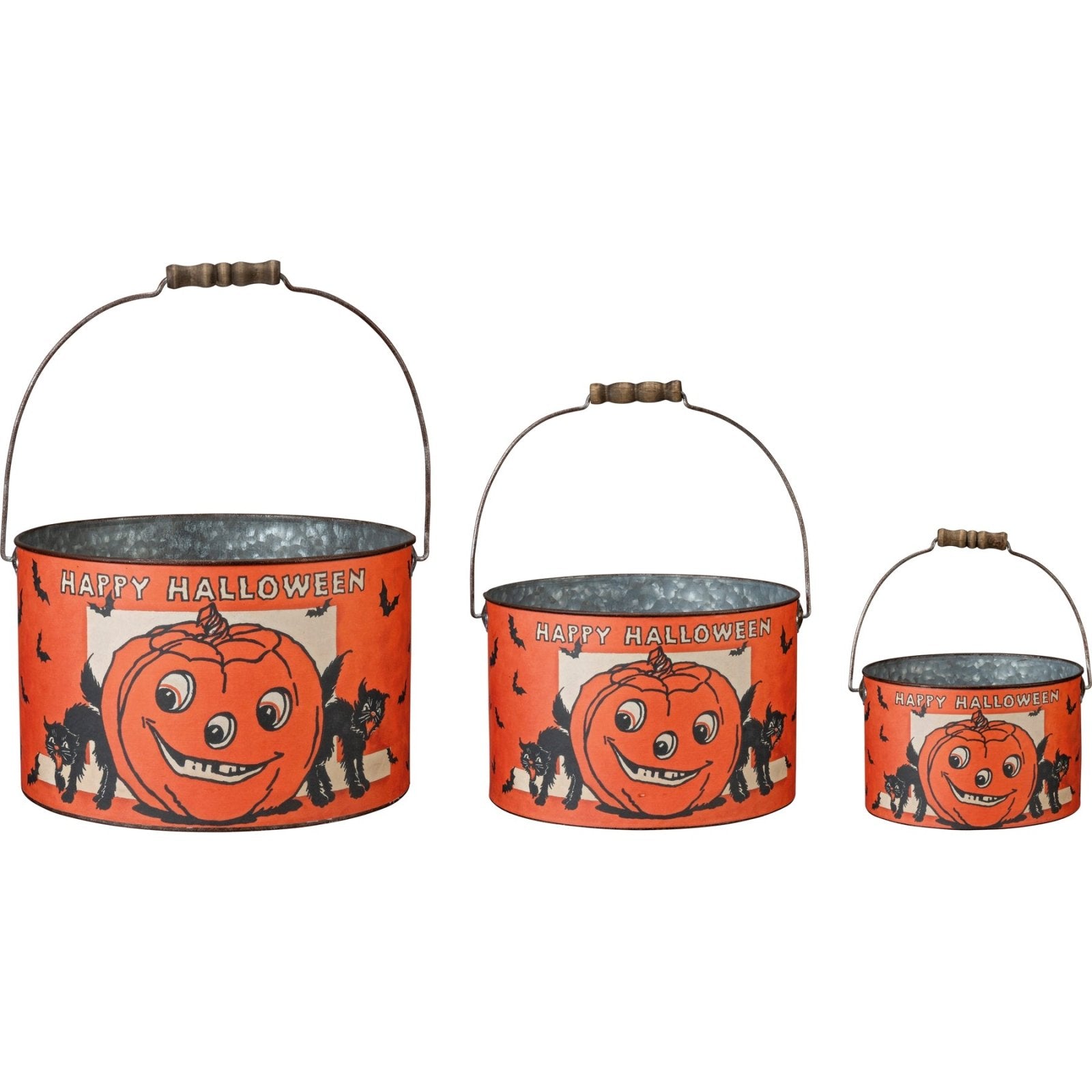 Retro Look Halloween Metal Buckets 3pc Happy Halloween Bucket Pumpkin Black Cat - The Primitive Pineapple Collection