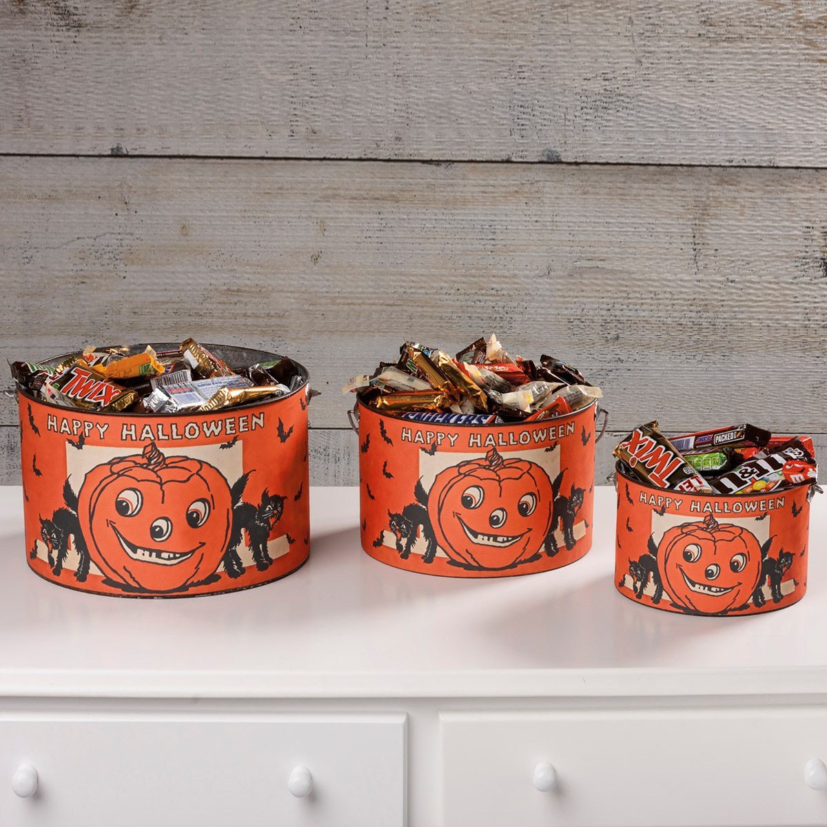 Retro Look Halloween Metal Buckets 3pc Happy Halloween Bucket Pumpkin Black Cat - The Primitive Pineapple Collection