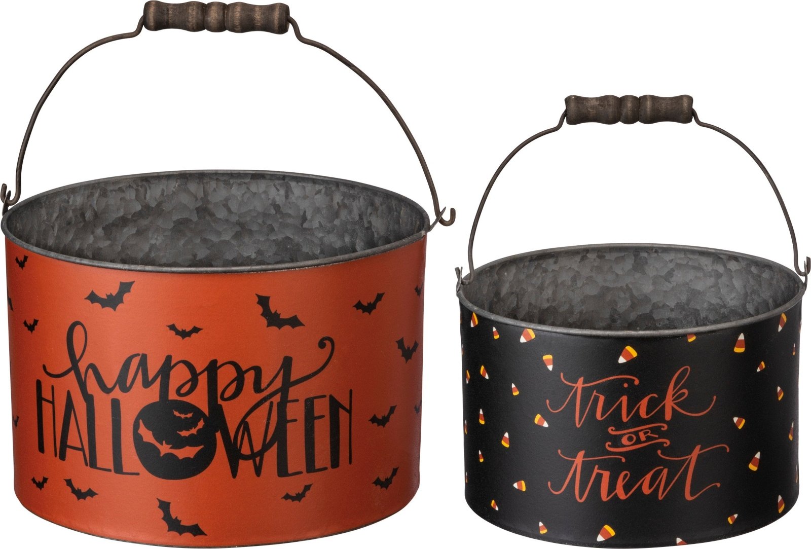 Retro Look Halloween Metal Buckets w/ Handle 2pc Trick or Treat - The Primitive Pineapple Collection