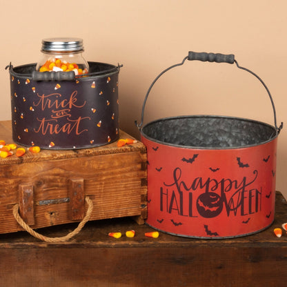 Retro Look Halloween Metal Buckets w/ Handle 2pc Trick or Treat - The Primitive Pineapple Collection