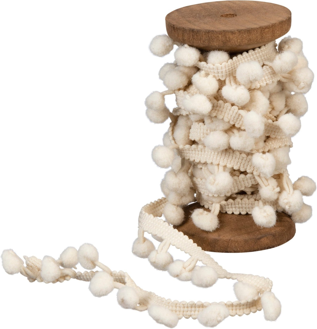 Primitive Wood Spool w/ Cream Pom Pom Garland 108”Long - The Primitive Pineapple Collection