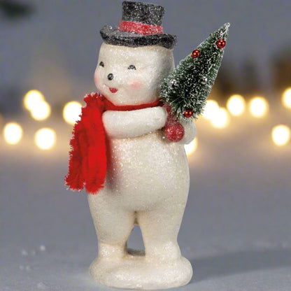 Christmas Vintage Look Top Hat Snowman w/ Bottle Brush Tree Figurine - The Primitive Pineapple Collection