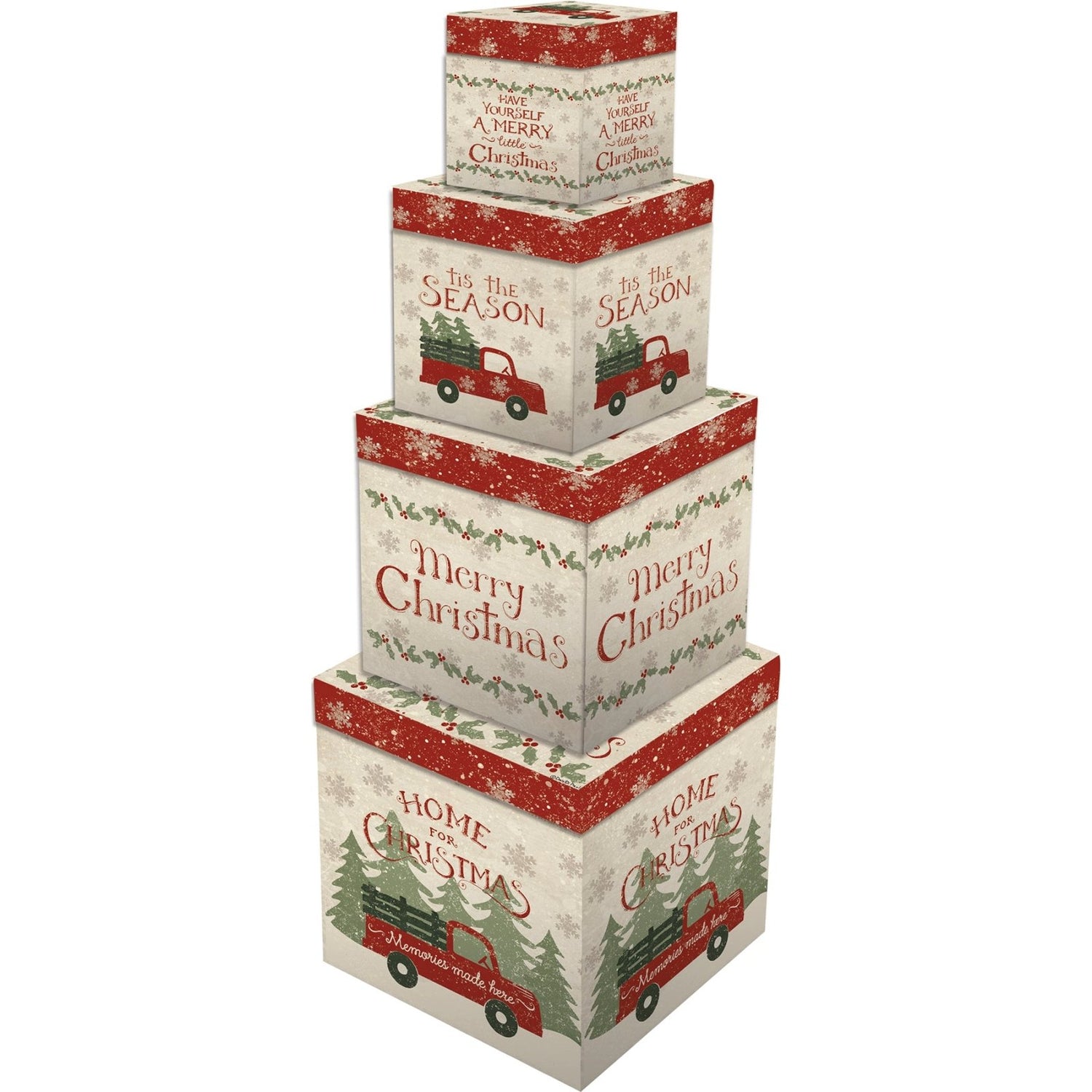 Christmas Vintage Look Red Truck Stacking Holiday Boxes 4 pc - The Primitive Pineapple Collection