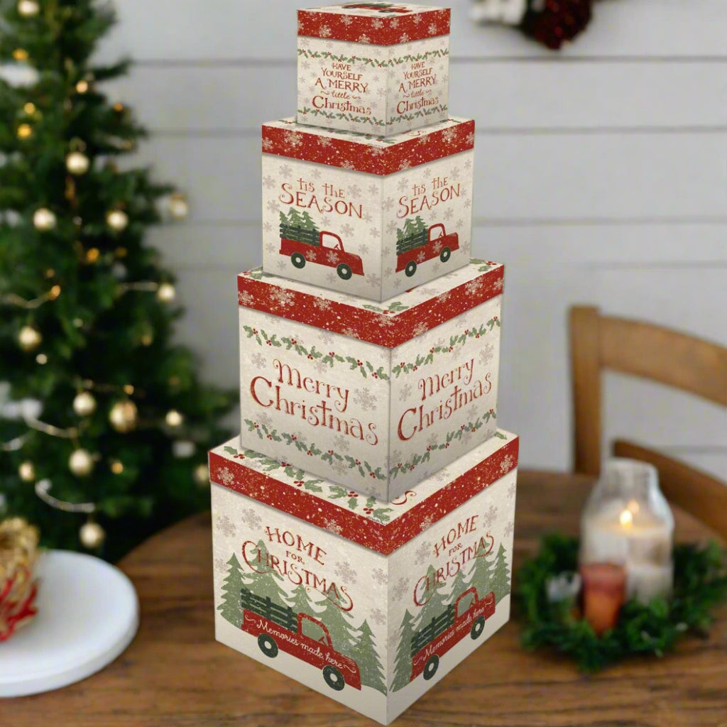 Christmas Vintage Look Red Truck Stacking Holiday Boxes 4 pc - The Primitive Pineapple Collection