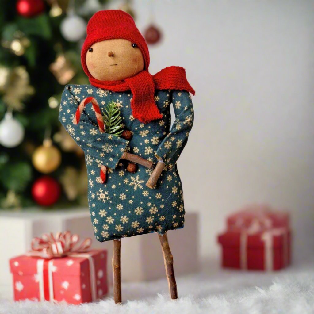 Primitive Country Christmas Sophia Snowman Doll Candy Cane - The Primitive Pineapple Collection