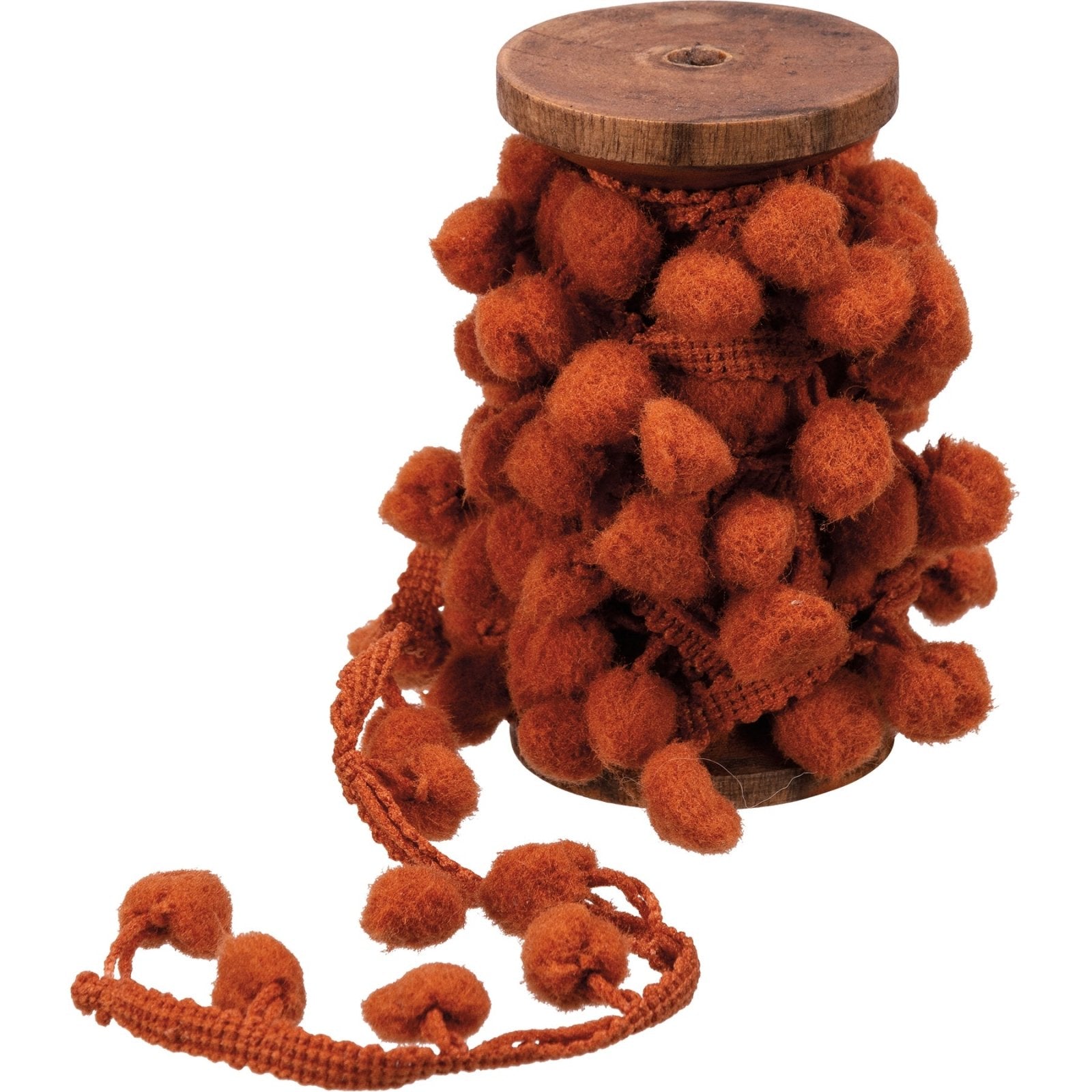 Primitive Wood Spool w/ Rust Pom Pom Garland 108”Long - The Primitive Pineapple Collection