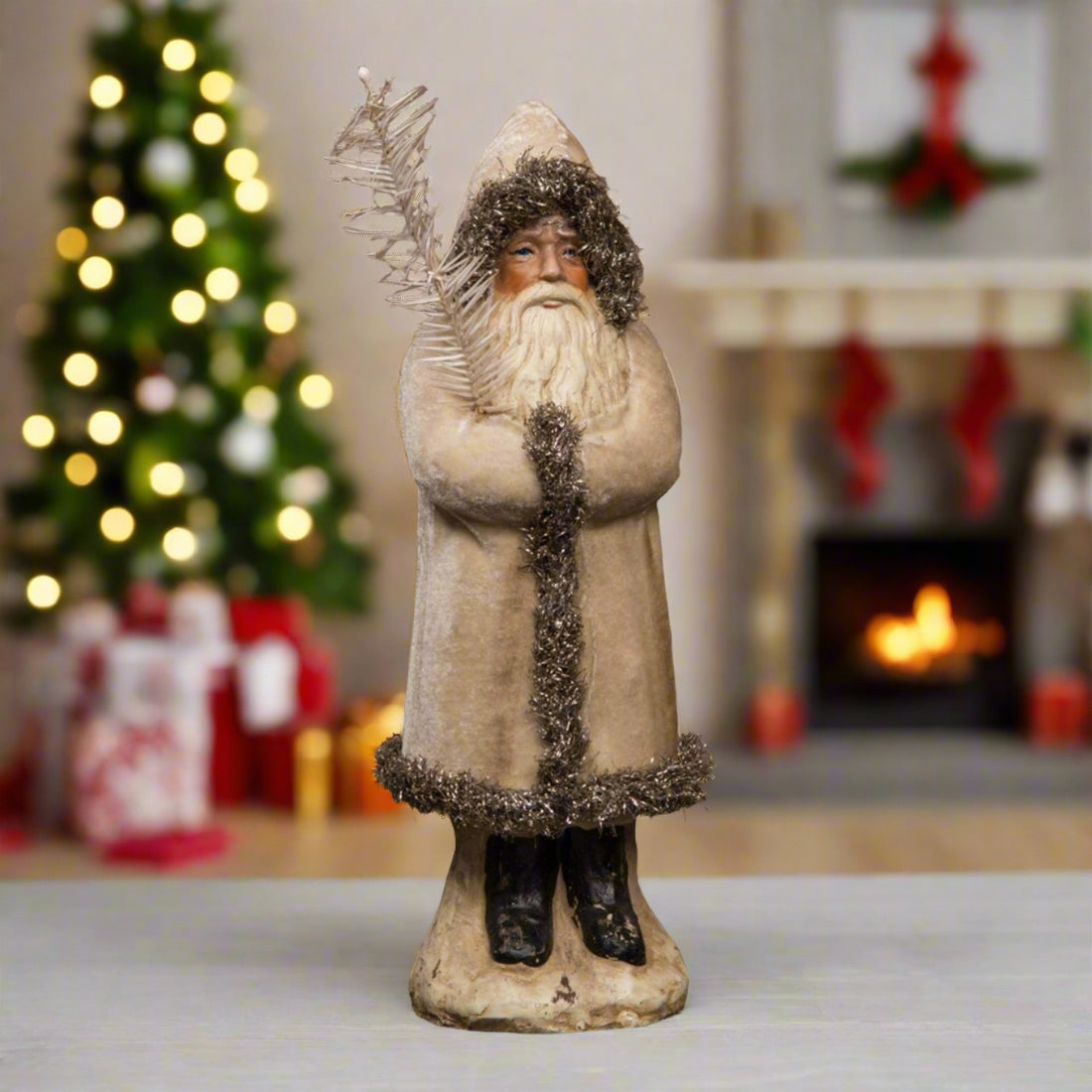 Primitive Christmas Ragon 12"Ivory Velvet German Belsnickle Santa Goose Feather - The Primitive Pineapple Collection