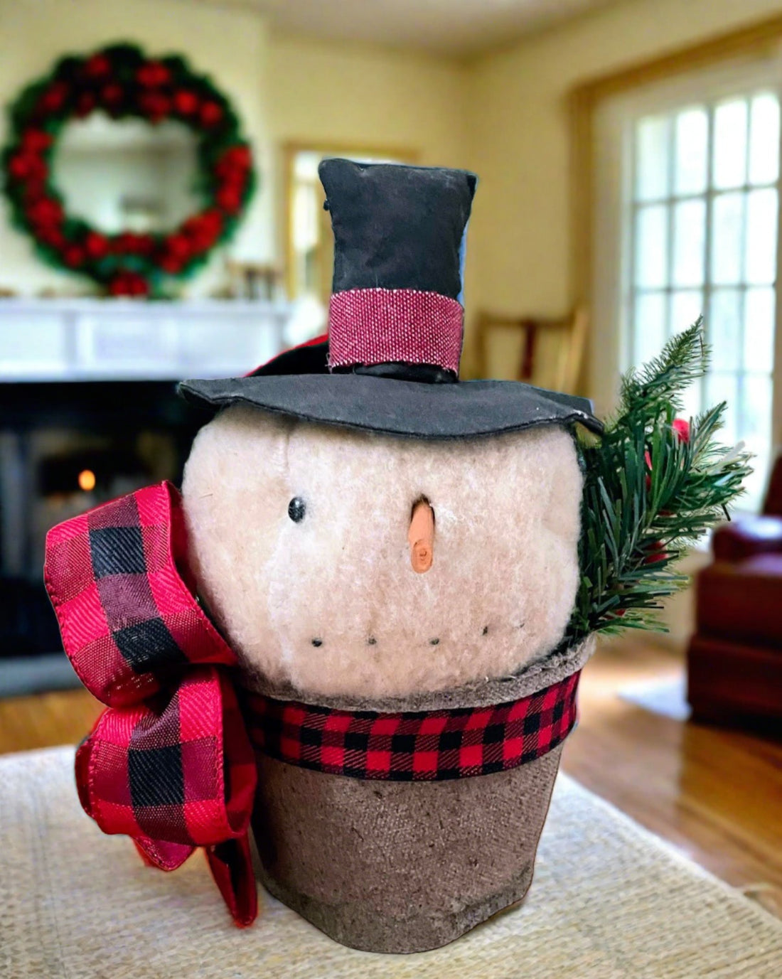 Primitive Folk Art Snowman Head in Pot of Christmas Greens 11&quot; - The Primitive Pineapple Collection