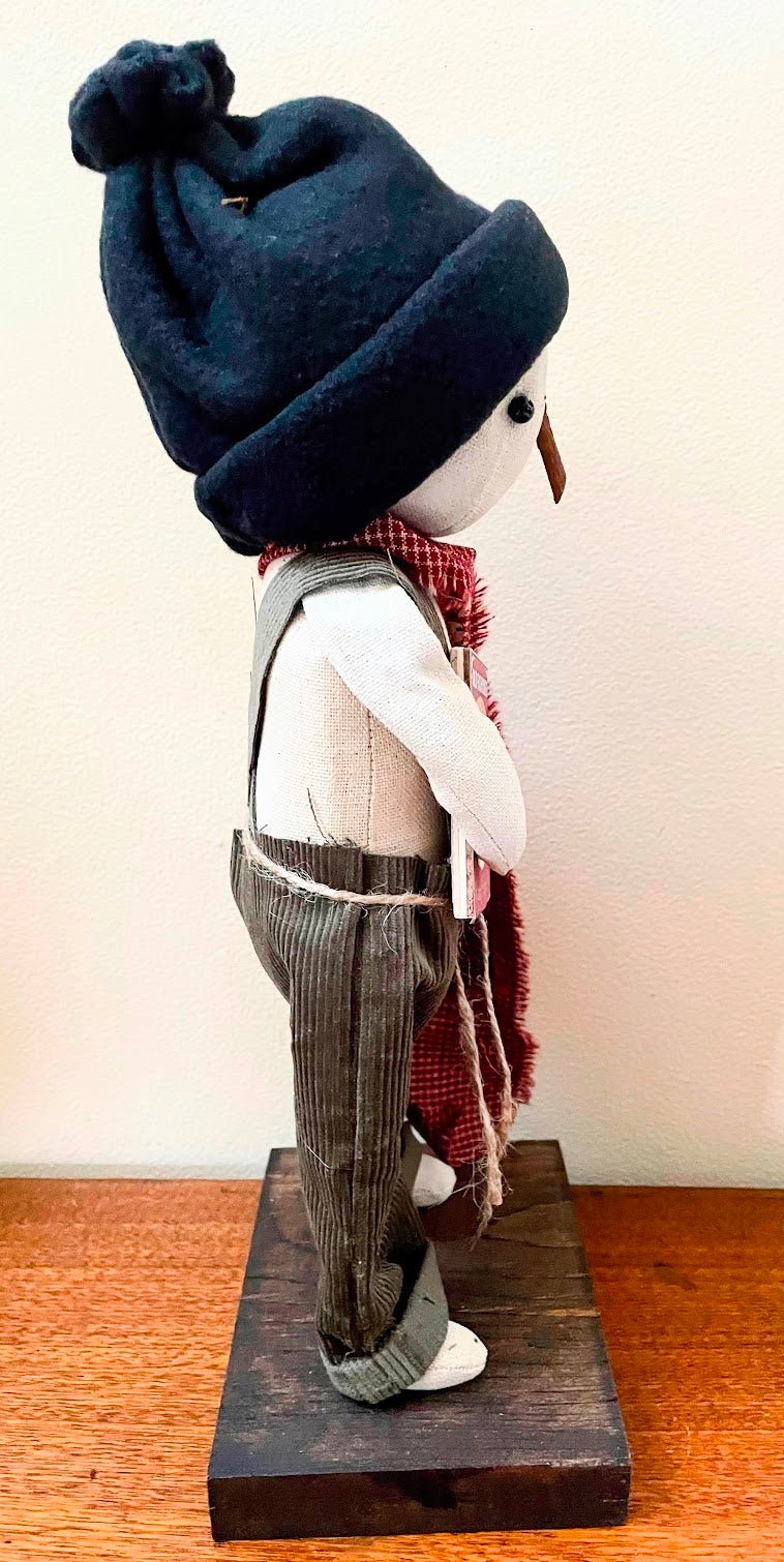 Primitive Folk Art Snowman on Stand 13&quot; w/ Sleigh Ride Book Blue Hat - The Primitive Pineapple Collection