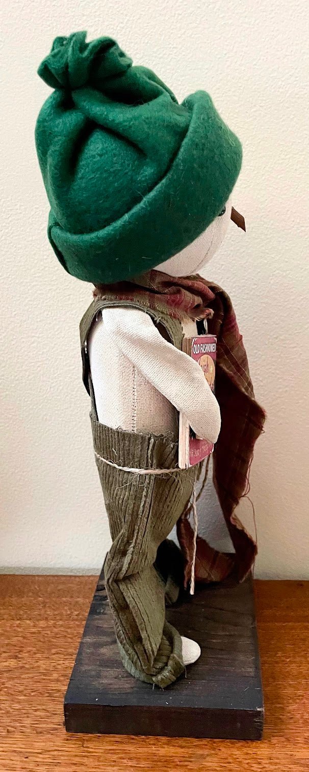 Primitive Folk Art Snowman on Stand 13&quot; w/ Sleigh Ride Book Green Hat - The Primitive Pineapple Collection