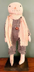 Primitive Folk Art Snowman on Stand 14" w/ Black Check Jumper Cheesecloth Scarf - The Primitive Pineapple Collection