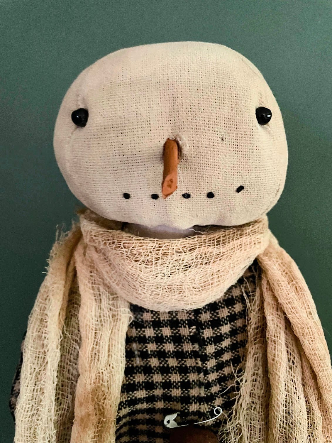 Primitive Folk Art Snowman on Stand 14&quot; w/ Black Check Jumper Cheesecloth Scarf - The Primitive Pineapple Collection