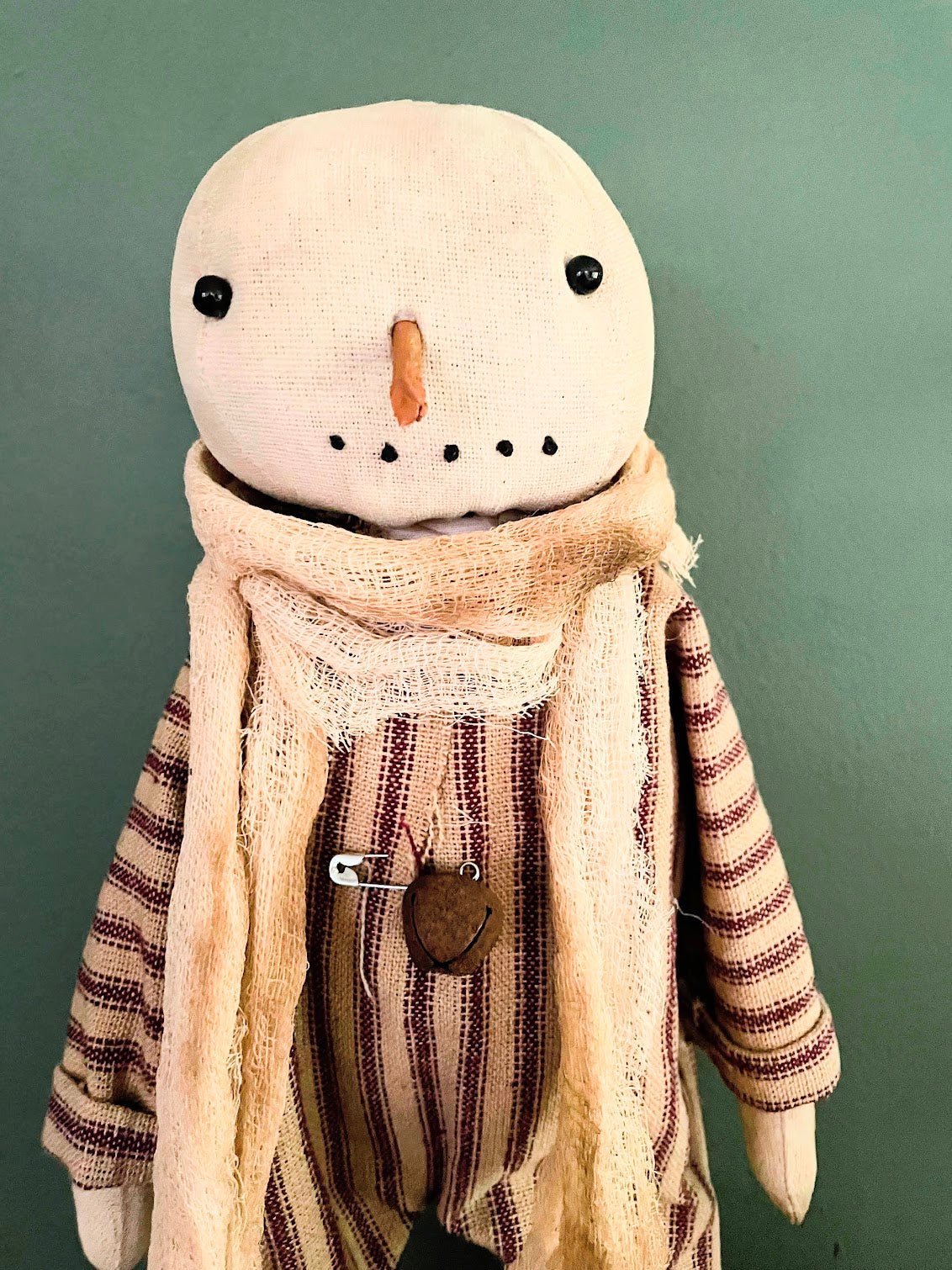 Primitive Folk Art Snowman on Stand 14&quot; w/ Red Stripe Jumper Cheesecloth Scarf - The Primitive Pineapple Collection