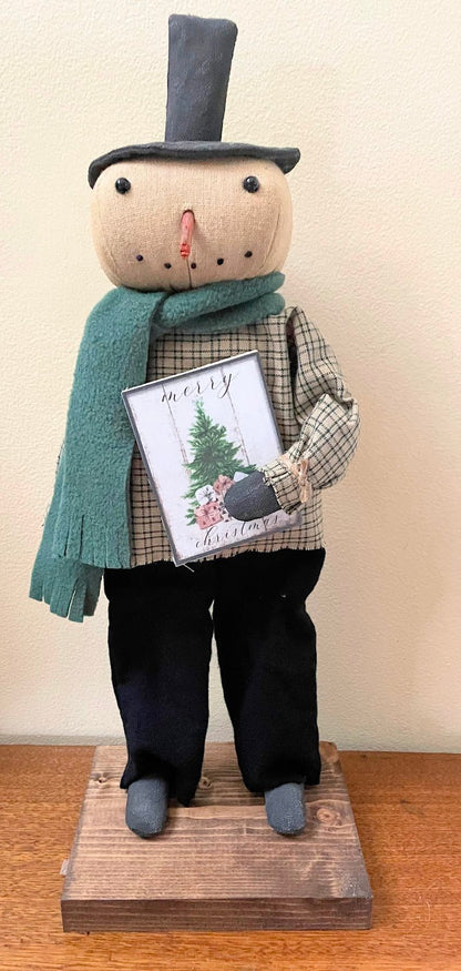 Primitive Folk Art Snowman on Stand 16&quot; w/ Merry Christmas Book - The Primitive Pineapple Collection