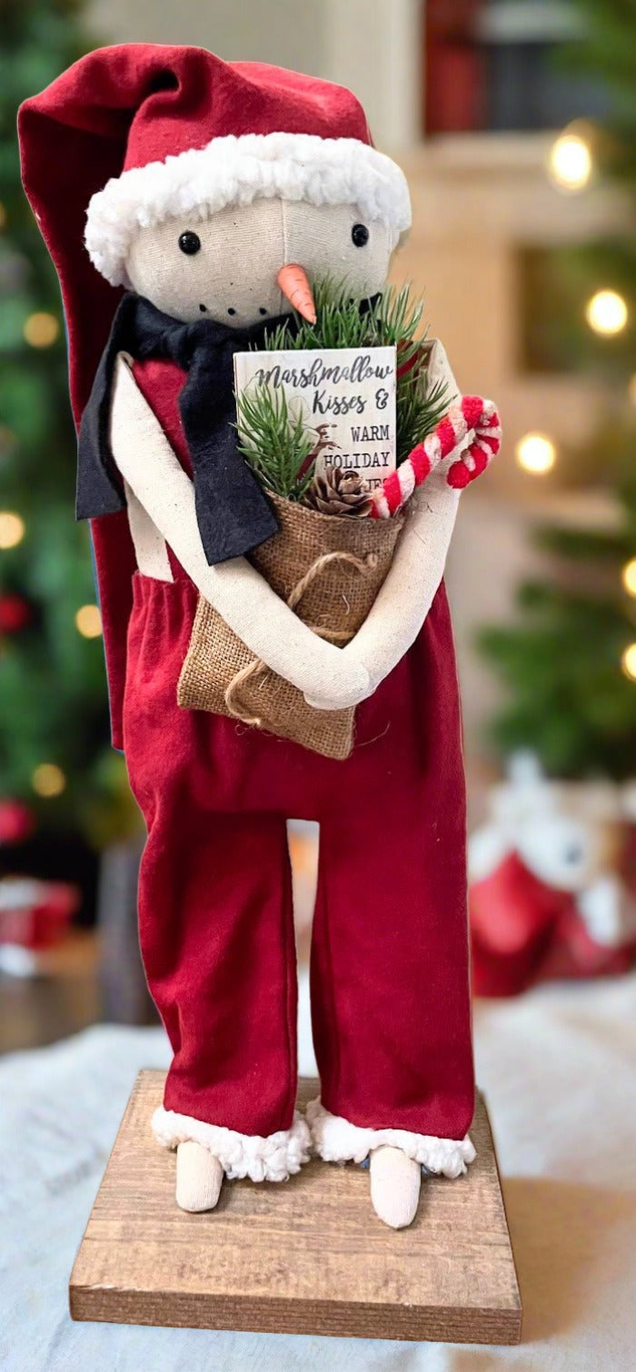 Primitive Christmas Santa Snowman on Stand 20" w/ Stocking Cap/ Greens/Candy Cane - The Primitive Pineapple Collection