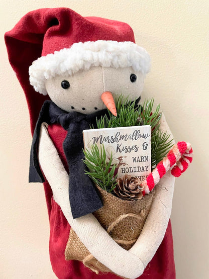 Primitive Christmas Santa Snowman on Stand 20&quot; w/ Stocking Cap/ Greens/Candy Cane - The Primitive Pineapple Collection