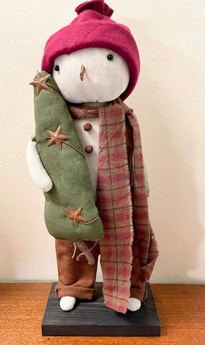 Primitive Folk Art Christmas Snowman on Stand 17&quot; w/ Tree Red Hat - The Primitive Pineapple Collection