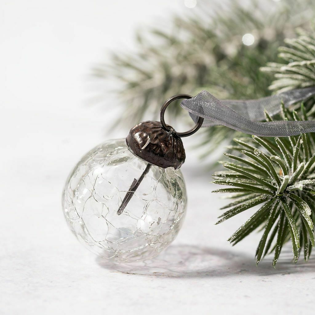 Christmas Handmade 6 pc Small 1&quot; Crackle Glass Ball Ornaments Vintage Look - The Primitive Pineapple Collection