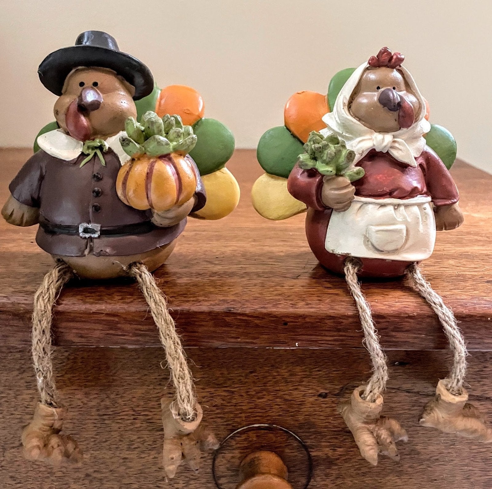 Thanksgiving/Fall Primitive Resin Sitting Festive Turkey Pilgrims w/Dangle Legs - The Primitive Pineapple Collection