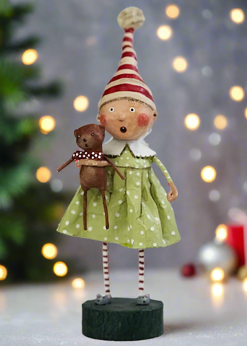 Folk Art Christmas Girl Discovering Santa Figurine Lori Mitchell 22904 - The Primitive Pineapple Collection