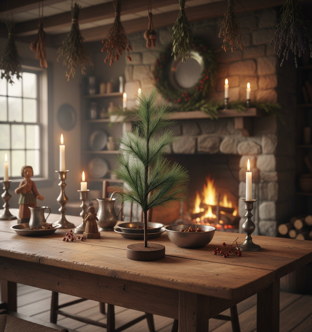 Christmas Holiday 12&quot; Primitive Feather Tree w/ Wood Base - The Primitive Pineapple Collection